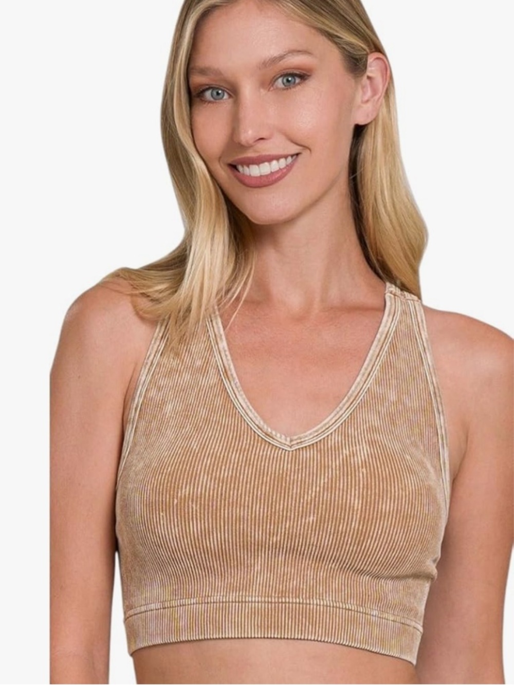 Zenana Trista Washed Ribbed Seamless V-Neck Racerback Padded Bra Deep Camel S/M